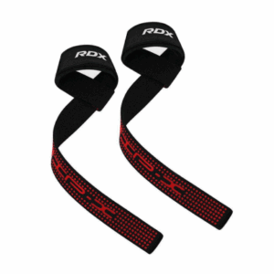 straps de cuero color negro con letras blancas y rojas