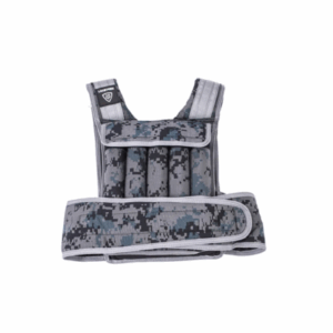 chaleco de peso con diseño camuflado con tonos gris y cekeste