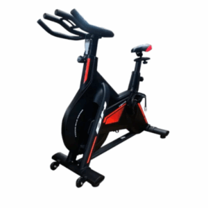 bicicleta de spinning color negro con detalles naranja