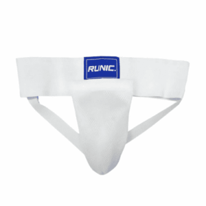 suspensorio marca runic color blanco con etiqueta color azul y letras blancas